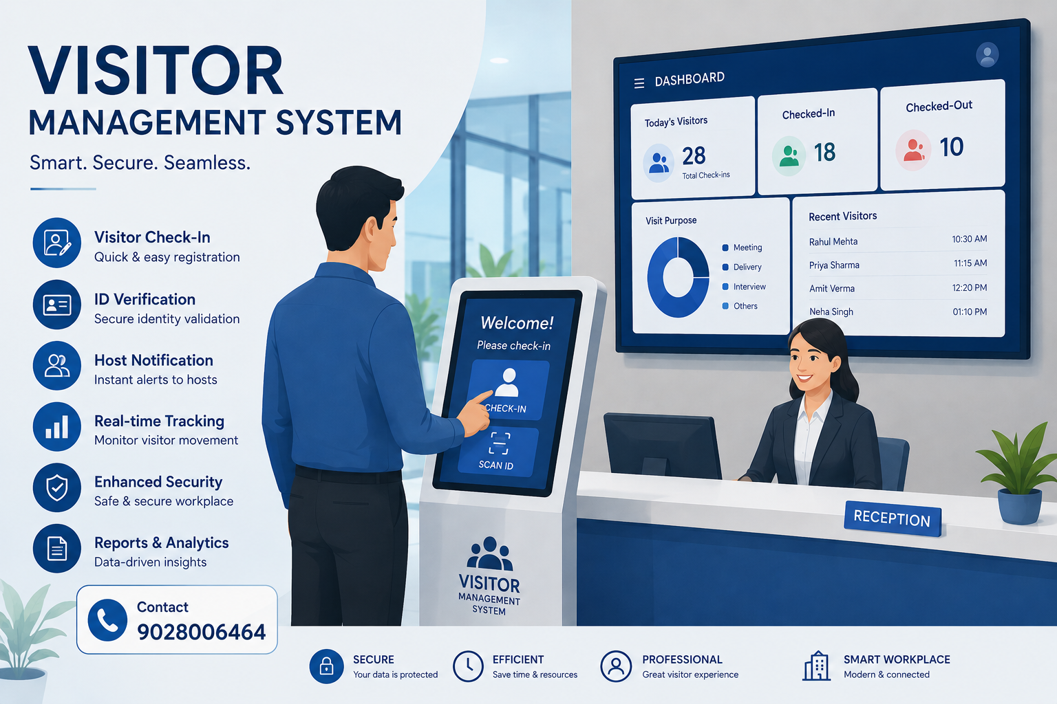 CSPL Visitor Management System Dashboard - showing visitor log, check-in interface, and gate pass preview