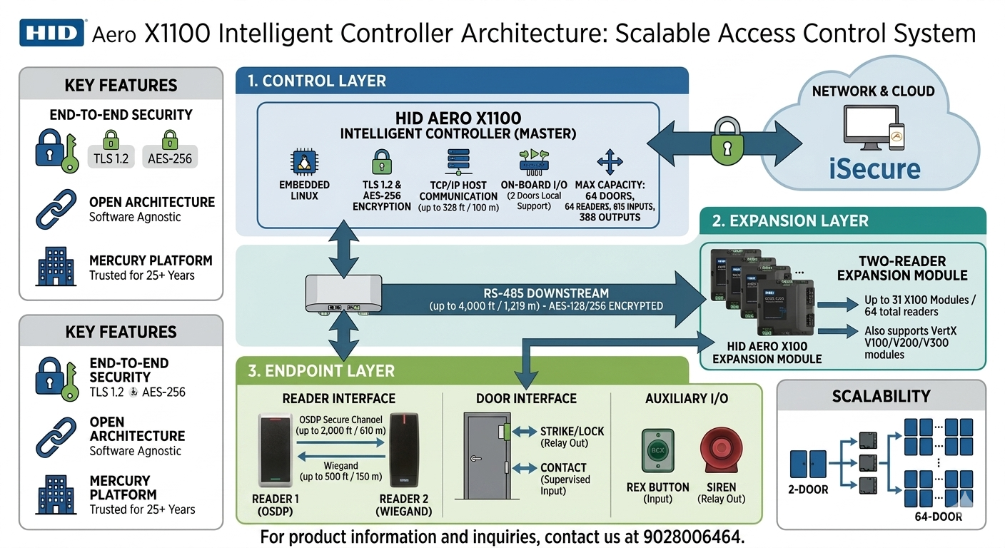 HID Aero X1100 system architecture diagram showing connections to readers, IO modules, Ethernet host, power, and expansion — Cybernetics Software